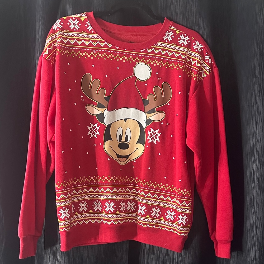Disney Mickey Red Christmas light up  Sweater with Reindeer Design